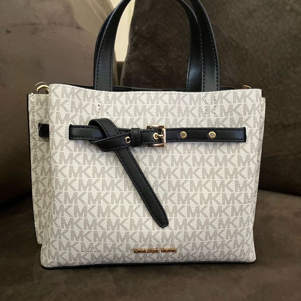 Michael Kors Beige and Black “Emilia” purse satchel handbag